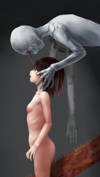 1boy 1girl 396_(dysthanasia) breasts brown_eyes brown_hair dysthanasia loli madowaku_(the_window_x2) monster nude official_art saw short_hair small_breasts