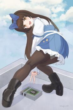 Rule 34 | 1girl, absurdres, andylove886, black boots, blue bow, blue dress, blue sky, bomb, boots, bow, brown eyes, brown hair, brown pantyhose, cloud, commentary, day, dress, english commentary, explosive, fairy, fairy wings, fang, hair bow, high heel boots, high heels, highres, long hair, long sleeves, looking at viewer, open mouth, pantyhose, sky, smile, solo, star sapphire, touhou, v, very long hair, wings