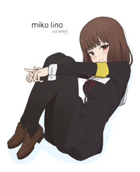 1girl andreypavlow black_dress blunt_bangs blush breasts brown_eyes brown_hair brown_shoes closed_mouth dress from_side highres iino_miko kaguya-sama_wa_kokurasetai_~tensai-tachi_no_renai_zunousen~ long_hair long_sleeves looking_at_viewer low_twintails medium_breasts red_ribbon ribbon school_uniform shoes shuuchiin_academy_school_uniform simple_background solo twintails white_background