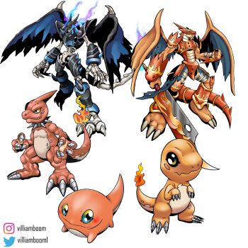 armor blue_fire charizard charmander charmeleon claws collar digimon evolutionary_line fangs fire flame-tipped_tail gen_1_pokemon highres horns nintendo no_humans open_mouth personification pokemon pokemon_(creature) purple_fire simple_background single_horn skeleton smile spiked_collar spikes standing sword tail undead villiam_boom weapon wings