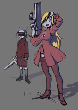 2b_(nier:automata) 2b_(nier:automata)_(cosplay) 9s_(nier:automata) 9s_(nier:automata)_(cosplay) :| black_hair blindfold blindfold_lift blonde_hair blue_eyes cleavage_cutout closed_mouth clothing_cutout cosplay covered_eyes curly_brace doukutsu_monogatari dress formerly grey_background gun high_heels holding holding_gun holding_sword holding_weapon jacket mechanical_hands nier:automata nier_(series) pod_(nier:automata) quote_(cave_story) red_dress robot_ears smile socks sword unfinished weapon