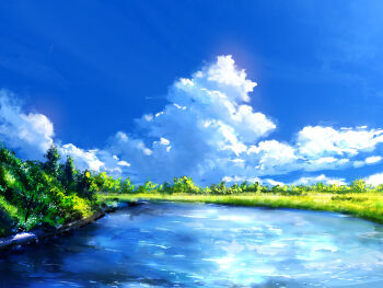 blue_sky cloud commentary_request day foliage highres lake landscape n_(nnn2927) no_humans original outdoors scenery sky sky_focus water