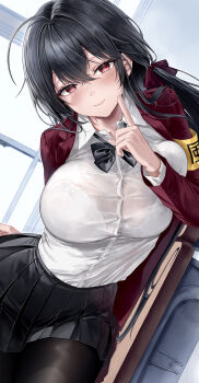 1girl absurdres ahoge armband azur_lane black_bow black_hair black_pantyhose black_skirt blush bow bra_visible_through_clothes breasts buttons closed_mouth collared_shirt commentary crossed_bangs desk hair_between_eyes hair_intakes hand_up highres index_finger_raised indoors jacket large_breasts long_hair long_sleeves looking_at_viewer lying miniskirt official_alternate_costume on_desk on_side pantyhose pleated_skirt red_eyes red_jacket school_desk see-through_clothes see-through_shirt shirt shirt_tucked_in sidelocks sitting skirt smile solo sweat taihou_(azur_lane) taihou_(sweet_time_after_school)_(azur_lane) thighs very_long_hair white_shirt window ya_ta yellow_armband