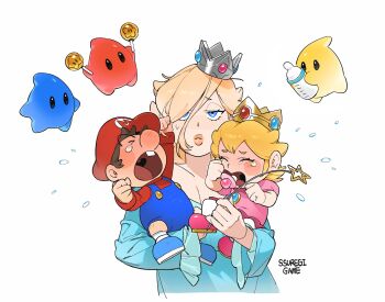 aqua_dress baby baby_mario baby_peach blonde_hair blue_eyes blue_overalls carrying carrying_baby carrying_person closed_eyes crown crying dress hair_over_one_eye hat highres holding long_sleeves luma_(mario) mario mario_(series) mini_crown nintendo open_mouth overalls pacifier princess_peach red_hat rosalina short_hair simple_background single_tooth ssuregigame star_wand tears wand