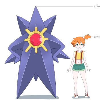 1girl 1other :d absurdres arms_at_sides asymmetrical_hair bare_arms bare_shoulders blush breasts collarbone crop_top curvy eyelashes full_body gem gen_1_pokemon green_eyes green_shorts hair_tie hands_on_own_hips height height_chart height_difference highres knees light_blush looking_at_viewer mega_starmie midriff misty_(pokemon) navel nintendo open_mouth orange_hair pokemon pokemon_(anime) pokemon_(classic_anime) ponytail shirt shoes short_hair short_shorts shorts side_ponytail simple_background size_comparison sleeveless sleeveless_shirt small_breasts smile sneakers spread_legs standing starmie stomach suspender_shorts suspenders tank_top white_background wide_hips yellow_shirt