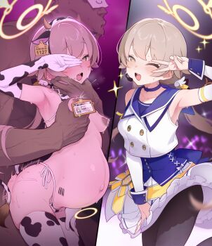 1boy 1girl animal_ear_hairband animal_ears animal_print armpits ashiba barcode barcode_tattoo bell bikini black_pantyhose blue_archive blue_choker blue_corset blush breasts brown_hair choker clothed_sex corset covering_one_eye cow_ear_hairband cow_ears cow_horns cow_print cow_print_bikini cow_print_gloves cow_print_thighhighs cow_tail cowbell dark-skinned_male dark_skin doodle_sensei_(blue_archive) ear_tag elbow_gloves fake_animal_ears fake_horns gloves grabbing_another&#039;s_breast groping hairband halo happy_sex heart hetero hifumi_(blue_archive) highres horns id_card idol idol_clothes lactation mischievous_straight_uniform_(blue_archive) navel neck_bell nipple_piercing nipples official_alternate_costume one_eye_closed open_mouth pantyhose piercing pregnancy_halo pregnant print_bikini print_gloves print_thighhighs pubic_hair sensei_(blue_archive) sex sex_from_behind small_breasts smile stage stray_pubic_hair sweat swimsuit tail tattoo thighhighs v variant_set wink
