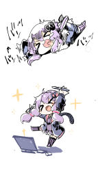&gt;_&lt; 1girl afterimage ajishio black_jacket blush_stickers chibi commentary computer criss-cross_halter dress hair_ornament hair_tubes halterneck highres holding holding_stylus jacket computer_keyboard lying computer_mouse multiple_views on_stomach open_mouth purple_dress purple_hair purple_legwear sidelocks sketch smile sparkle stylus translated vocaloid voiceroid white_background yuzuki_yukari
