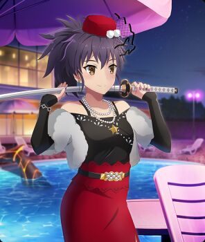 Rule 34 | 1girl, aradama (toji no miko), bare shoulders, belt, belt buckle, black belt, black dress, black nails, blue sky, breasts, brown eyes, buckle, building, chair, closed mouth, collarbone, cowboy shot, dot nose, dress, earrings, etou minato, game cg, hat, high-waist skirt, high ponytail, holding, holding sword, holding weapon, jewelry, lamppost, lounge chair, medium breasts, mini hat, necklace, night, official art, outdoors, partially submerged, pearl necklace, pink nails, ponytail, pool, poolside, purple hair, red hat, red sash, red skirt, sash, short ponytail, side slit, sidelocks, skirt, sky, smile, solo, star (sky), star (symbol), star earrings, star ornament, starry sky, sword, third-party source, toji no miko, toji no miko: kizamishi issen no tomoshibi, weapon