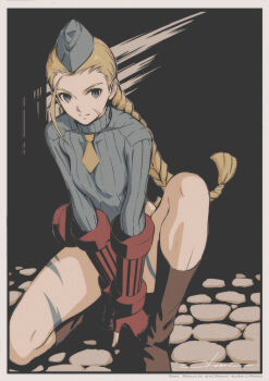 Rule 34 | 1girl, absurdres, blonde hair, blue eyes, blue hat, blue leotard, boots, braid, breasts, cammy white, closed mouth, cobblestone, commentary request, expressionless, fingerless gloves, garrison cap, gloves, hat, highres, leotard, long sleeves, low twin braids, muted color, on one knee, small breasts, solo, street fighter, street fighter zero (series), twin braids, tyanoki, vambraces