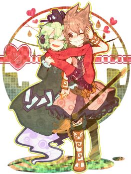 2girls bad_id bad_pixiv_id brown_hair dress earmuffs closed_eyes female_focus ghost ghost_tail green_dress green_hair grin hat headphones heart highres holding_hands itomugi-kun multiple_girls one_eye_closed open_mouth red_scarf scabbard scarf shared_clothes shared_scarf sharing sheath sheathed short_hair smile soga_no_tojiko sword tate_eboshi touhou toyosatomimi_no_miko weapon wink yuri