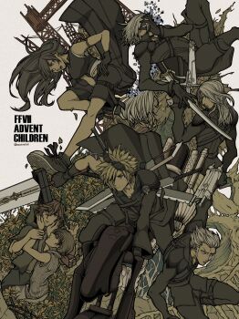 2girls 6+boys absurdres aechin0130 apron arm_ribbon bare_shoulders black_apron black_gloves black_hair black_jacket black_pants black_shirt black_shorts black_vest blonde_hair blue_eyes breasts brown_hair cloud_strife commentary crop_top denzel_(ff7) detached_sleeves english_commentary fenrir_(final_fantasy) fenrir_(vehicle) fighting_stance final_fantasy final_fantasy_vii final_fantasy_vii:_advent_children flower full_body fusion_swords gloves goggles goggles_on_head grey_hair gun hair_ribbon hand_on_own_face hands_on_another&#039;s_cheeks hands_on_another&#039;s_face highres holding holding_gun holding_sword holding_weapon jacket kadaj kicking large_breasts long_hair long_sleeves loz marlene_wallace motor_vehicle motorcycle multiple_boys multiple_girls on_motorcycle pants red_eyes ribbon sephiroth shirt short_hair shorts shoulder_pads single_detached_sleeve single_shoulder_pad sleeveless sleeveless_shirt spiked_hair sweater sword tifa_lockhart turtleneck turtleneck_sweater twitter_username vest waist_apron weapon yazoo yellow_flower