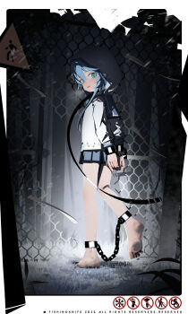 Rule 34 | 1girl, absurdres, barefoot, blue eyes, blue hair, blue skirt, bound, bound ankles, bound wrists, broken fence, commentary, commission, crying, crying with eyes open, cuffs, dirty, dirty feet, dorgar, english commentary, feet, full body, hair between eyes, handcuffs, highres, hood, hood up, hoodie, long sleeves, looking at viewer, open mouth, original, pleated skirt, shackles, short hair with long locks, skirt, soles, solo, standing, tears, white hoodie