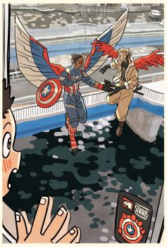 2boys :o black_gloves black_shirt blonde_hair blush boat boku_no_hero_academia brown_hair brown_jacket brown_pants captain_america's_shield captain_america:_brave_new_world crossover dark-skinned_male dark_skin facial_hair feathered_wings feathers gloves hawks_(boku_no_hero_academia) highres holding holding_shield jacket marvel marvel marvel_studios_logo multiple_boys open_mouth pants red_feathers red_wings sam_wilson scar shield shirt short_hair spiked_hair stubble superhero_costume takeuchi_ryousuke watercraft wings