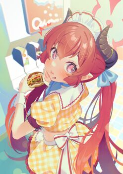 1girl ^^^ alternate_costume apron black_horns blue_archive bow burger commentary_request demon_girl demon_horns eating food frilled_apron frills from_behind gingham_clothes hair_bow halo holding holding_food horns junko_(blue_archive) long_hair looking_at_viewer looking_back maid_headdress pchi_(pat1na) puffy_short_sleeves puffy_sleeves red_eyes red_hair red_halo short_sleeves solo surprised waist_apron waitress white_apron white_wrist_cuffs wrist_cuffs