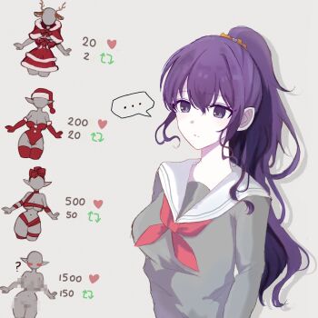 ... 1girl animal_ears arurin_nor asahina_mafuyu bare_arms bow bowtie breasts capelet closed_mouth commentary_request dress elbow_gloves fake_animal_ears fake_antlers fur-trimmed_capelet fur-trimmed_dress fur-trimmed_gloves fur_trim gloves grey_background grey_shirt hair_between_eyes hair_ornament hair_scrunchie high_ponytail highres hood hood_down large_breasts leotard long_hair long_sidelocks long_sleeves looking_at_viewer miyamasuzaka_girls'_academy_school_uniform naked_ribbon neckerchief pale_skin ponytail project_sekai purple_eyes purple_hair red_bow red_bowtie red_capelet red_dress red_gloves red_leotard red_neckerchief red_thighhighs ribbon sailor_collar school_uniform scrunchie serafuku shirt sidelocks simple_background small_breasts solo speech_bubble spoken_ellipsis thighhighs twitter_strip_game upper_body white_sailor_collar