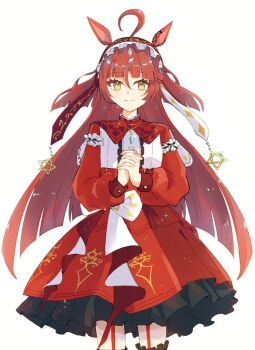 1girl ahoge animal_ears blunt_bangs blush breasts commentary_request d6pvxvigzl45771 hair_between_eyes hair_ornament horse_ears horse_girl horse_tail long_hair looking_at_viewer own_hands_clasped own_hands_together red_desire_(umamusume) red_hair simple_background smile tail umamusume white_background yellow_eyes