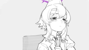 Rule 34 | 1girl, bags under eyes, beret, blue archive, chair, collared shirt, gun, hair ornament, hairclip, half-closed eyes, halo, haruka (blue archive), hashcurantodash, hat, hatching (texture), holding, holding gun, holding weapon, imminent suicide, jacket, juliet sleeves, linear hatching, long sleeves, looking past viewer, medium hair, monochrome, puffy long sleeves, puffy sleeves, shirt, shotgun, sidelocks, sitting, solo, spot color, suicide, upper body, weapon