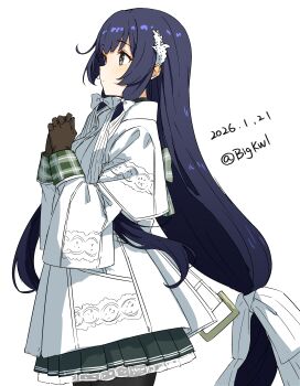 Rule 34 | 1girl, absurdres, bigkwl, black pantyhose, blue hair, blush, bow, closed mouth, coat, commentary, cowboy shot, dated, dated commentary, from side, green bow, green skirt, grey eyes, hair ribbon, highres, kantai collection, long hair, long sleeves, low-tied long hair, mizuho (kancolle), one-hour drawing challenge, own hands clasped, own hands together, pantyhose, plaid bow, plaid clothes, plaid sleeves, pleated skirt, ribbon, simple background, skirt, solo, striped clothes, striped skirt, twitter username, white background, white coat, white ribbon