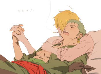 Rule 34 | 2boys, adam's apple, bandana, bandana around arm, bare pectorals, black bandana, blonde hair, cigarette, closed mouth, commentary, earrings, frown, green hair, green robe, holding hands, interlocked fingers, jewelry, long sleeves, lying, male focus, multiple boys, obi, on back, one piece, open mouth, pectorals, piercing, robe, roronoa zoro, sanji (one piece), sash, scar, scar across eyes, scar on chest, shirt, short sideburns, sideburns, sleeve cuffs, smoke, smoke trail, taro (honyarara00), teeth, tongue, upper teeth only, white background, white shirt, yaoi