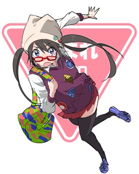 1girl beanie black_hair black_thighhighs blue_eyes blue_footwear collared_shirt foreshortening hat highres idolmaster idolmaster_shiny_colors long_hair mitsumine_yuika multicolored_bag ogasawara open_clothes patch purple_vest red-framed_eyewear red_skirt road_sign shirt sign sketch skirt solo stop_sign sweatdrop thighhighs twintails vest white_background zettai_ryouiki