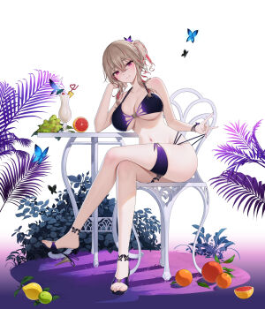 1girl absurdres bare_arms bare_legs bare_shoulders bikini breasts brown_hair chair cleavage closed_mouth closers crossed_legs cup drinking_glass halterneck head_rest high_heels highres hurricane_glass large_breasts long_hair looking_at_viewer multi-strapped_bikini_bottom multi-strapped_bikini_top multicolored_hair navel official_art pink_eyes ponytail pulling_own_clothes purple_bikini purple_sandals sandals short_ponytail sitting smile solo stomach strap_pull streaked_hair string_bikini swimsuit table thighs yoon_ria_(closers)