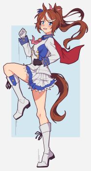 1girl absurdres animal_ears ascot asymmetrical_gloves black_gloves blue_eyes blush boots bow breasts brown_hair cape commentary_request epaulettes full_body gloves high_ponytail highres horse_ears horse_girl horse_tail jacket long_hair long_sleeves mismatched_gloves multicolored_hair multicolored_jacket open_mouth pink_ascot ponytail red_cape skirt snow_hawkeye solo streaked_hair tail tokai_teio_(peak_joy)_(umamusume) tokai_teio_(umamusume) two-tone_hair two-tone_jacket two-tone_skirt umamusume white_boots white_gloves white_hair white_jacket white_skirt