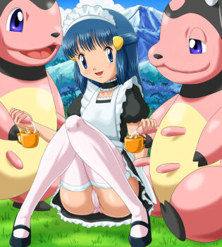 1girl alternate_costume blue_eyes blue_hair breasts cameltoe choker cup dawn_(pokemon) gen_2_pokemon grass hairband hand_milking lactating_into_container lactation maid milk miltank mountain nintendo panties pantyshot phallic_symbol pink_panties pokemoa pokemon pokemon_(creature) sexually_suggestive sitting thighhighs udder underwear