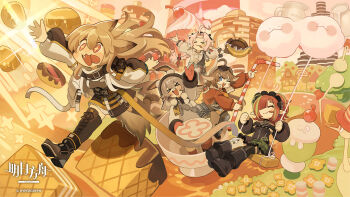 &gt;_&lt; +_+ 5girls :d :p aciddrop_(arknights) ahoge animal_ears arknights bottle braid brown_hair cake caper_(arknights) ceobe_(arknights) chinese_commentary chocolate commentary_request cotton_candy donut drinking_straw eyewear_on_head food gloves hair_ornament highres holding holding_chocolate holding_food long_hair milk_bottle multiple_girls official_art one_eye_closed open_mouth pink_hair pointy_ears red_gloves ribbon rose_salt_(arknights) smile sunglasses tail tecno_(arknights) tongue tongue_out whitebear xd