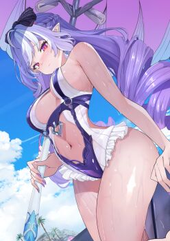 1girl armpit_crease bare_shoulders beach blush bow braid breasts clothing_cutout commentary_request drill_hair fingernails hair_between_eyes hair_bow highres holding holding_umbrella long_hair looking_at_viewer multicolored_hair nail_polish navel official_alternate_costume one-piece_swimsuit pointy_ears purple_hair purple_nails red_eyes sideboob solo stomach stomach_cutout sukesan swimsuit thigh_strap umbrella very_long_hair vivian_banshee vivian_banshee_(iris_of_the_shore) wet zenless_zone_zero