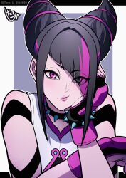 Rule 34 | 1girl, arm tattoo, bracelet, collar, fingerless gloves, gloves, hair horns, han juri, highres, jewelry, looking at viewer, multicolored hair, simple background, spiked bracelet, spiked collar, spikes, street fighter, street fighter 6, taro shin, tattoo