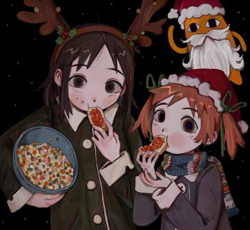 Rule 34 | 2girls, absurdres, animal, antlers, azumanga daiou, beard, berry, brown coat, brown eyes, brown hair, cat, cat boy, coat, deer antlers, eating, facial hair, fake horns, fffkorobka, food, green ribbon, grey coat, hair ribbon, hairband, hat, headband, highres, horn hairband, horns, kasuga ayumu, long sleeves, looking at viewer, medium hair, mihama chiyo, mihama chiyo's father, multiple girls, new year, orange hair, ribbon, salad, sandwich, santa costume, santa hat, short twintails, twintails, winter clothes, winter coat, yellow cat
