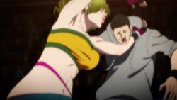 1boy 1girl 20s animated ass assertive_female attack back black_gloves blood blowing_bubbles blue_pants blue_shorts boots bouncing bouncing_breasts breasts brown_hair bubble chewing_gum cleavage dark_green_hair denim fingerless_gloves gloves gradient_hair green_hair green_trim green_tube_top grey_hoodie highres hood hoodie indoors kicking knee_pads large_breasts lips looking_at_viewer mappa_(company) medium_hair midriff miseon_ma multicolored_gloves multicolored_hair one_eye_closed padded_gloves pants pink_gloves pink_knee_pads pink_trim punching red_eyes short_hair shorts solo_focus sound strapless stunner the_god_of_high_school thighhighs thighhighs_under_boots toned toned_female tube_top video white_trim wink wrestling wrestling_outfit wristband