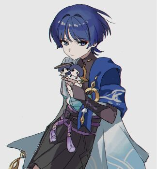 1boy arm_at_side belt black_belt black_bodysuit black_bow black_shorts blue_cape blue_gemstone blue_hair blue_kimono blue_sleeves blunt_ends bodysuit bow bright_pupils cape character_doll closed_mouth cowboy_shot doll eyeliner eyeshadow feathers furisode gem genshin_impact gold hair_intakes hakama hakama_shorts hand_up holding holding_stuffed_toy japanese_clothes juban kimono layered_sleeves looking_at_viewer makeup male_focus mandarin_collar open_clothes open_kimono pleated_shorts pom_pom_(clothes) purple_eyes purple_rope purple_sash red_eyeliner red_eyeshadow rope sash scaramouche_(genshin_impact) short_sleeves shorts solo stuffed_animal stuffed_toy tassel tsurime wamin wanderer_(genshin_impact) white_background white_kimono white_pupils white_sleeves white_trim wispy_bangs yellow_feathers