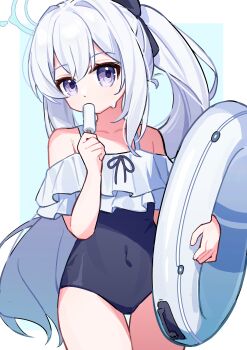 1girl absurdres blue_archive blue_halo blue_one-piece_swimsuit casual_one-piece_swimsuit commentary_request cowboy_shot food frilled_one-piece_swimsuit frills halo highres innertube long_hair looking_at_viewer miyako_(blue_archive) miyako_(swimsuit)_(blue_archive) mogu_kinoko off-shoulder_one-piece_swimsuit off_shoulder official_alternate_costume one-piece_swimsuit ponytail popsicle purple_eyes solo swim_ring swimsuit two-tone_one-piece_swimsuit white_hair