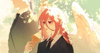2boys angel angel_devil_(chainsaw_man) angel_wings black_necktie black_suit brown_eyes brown_hair chainsaw_man commentary feathered_wings formal_clothes from_side hair_between_eyes halo hayakawa_aki highres holding holding_ice_cream_cone ice_cream_cone katana long_hair long_hair_between_eyes male_focus mizutani_(zattany) multiple_boys necktie open_mouth suit sword traditional_halo upper_body weapon white_wings wings