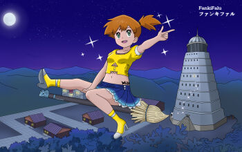 1girl absurdres ahoge alternate_costume artist_name boots breasts broom broom_riding character_name clenched_hand collarbone crop_top fankifalu female_focus flying full_body full_moon green_eyes gym_leader happy happy_halloween high_heel_boots high_heels highres index_finger_raised knees lavender_town legs long_hair midriff miniskirt misty_(pokemon) moon navel neck night night_sky nintendo open_mouth orange_hair outdoors outstretched_arm outstretched_leg pointing pointing_up pokemon pokemon_frlg shirt short_sleeves side_ponytail skirt sky small_breasts sparkle stomach_tattoo tattoo tower village yellow_boots yellow_shirt