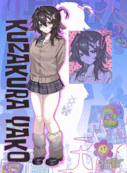 1girl absurdres animal_ear_piercing animal_ears arms_behind_back black_eyes black_hair blue_skirt blush brown_skirt brown_sweater butterfly_hair_ornament character_name chinese_commentary closed_mouth collared_shirt commentary_request full_body goat_ears goat_girl gyaru hair_between_eyes hair_ornament hairclip highres hooves horizontal_pupils kirihara_aki kuzakura_yako_(kirihara_aki) legs long_hair long_sleeves miniskirt mole mole_under_eye multicolored_skirt multiple_views original plaid_clothes plaid_skirt shirt shirt_under_sweater sidelocks skirt standing sweater tachi-e thighs two-tone_skirt white_shirt yellow_pupils