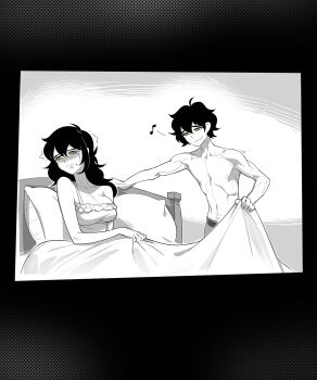 1boy 1girl absurdres aierlaobo andrew_graves black_hair blanket blush breasts crying green_eyes highres holding holding_blanket implied_incest long_hair mother_and_son nightgown pillow renee_graves smug the_coffin_of_andy_and_leyley topless_male under_covers