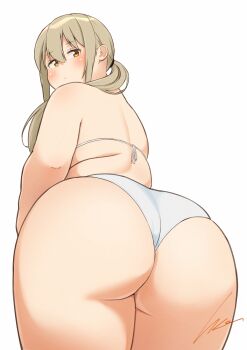 1girl ass back bikini blonde_hair blush brown_eyes from_behind hair_over_shoulder hair_tie harukakakkokari huge_ass long_hair looking_back original plump ponytail signature solo standing swimsuit thick_thighs thighs white_background white_bikini wide_hips yellow_eyes