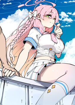 Rule 34 | 1girl, ahoge, blue archive, blush, bow, braid, breasts, cloud, cloudy sky, commentary request, green eyes, hair between eyes, hair bow, halo, haluu0813, hanako (blue archive), highres, holding hands, korean commentary, large breasts, long hair, looking at viewer, midriff, navel, pink hair, pink halo, pleated skirt, shirt, sitting, skirt, sky, smile, thighhighs, twirling hair, white bow, white shirt, white skirt, white thighhighs