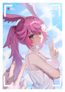 1girl 1other absurdres animal_ears bare_shoulders blue_sky breasts commentary dress fox_ears fox_girl highres honkai_(series) honkai_impact_3rd large_breasts long_hair nareusii outdoors pink_hair ponytail pov pov_hands purple_eyes recording sky symbol-only_commentary v very_long_hair viewfinder white_dress yae_sakura