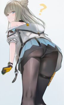 1girl ? ai-assisted animal_ears arknights arknights:_endfield ass bird_ears black_pantyhose blue_eyes closed_mouth commentary_request from_behind gloves grey_hair head_wings highres jacket long_hair looking_at_viewer open_clothes open_jacket panties pantyhose pantyshot perlica_(arknights) poki_(j0ch3fvj6nd) skirt thigh_strap underwear upskirt watch white_panties wings