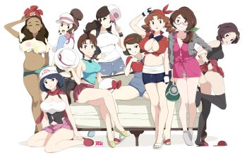 6+girls :q absurdres alola_mother alternate_costume ass baseball_cap beanie black_hair black_legwear black_panties breasts brown_hair caroline_(pokemon) cleavage closed_eyes closed_mouth clothes_lift commentary cosplay couch crossed_legs dawn_(pokemon) dawn_(pokemon)_(cosplay) delia_ketchum drill_hair earrings english_commentary galar_mother glasses gloria_(pokemon) gloria_(pokemon)_(cosplay) grace_(pokemon) grey_sweater hand_on_own_chest hand_on_own_hip hat highres hilda_(pokemon) hilda_(pokemon)_(cosplay) holding holding_headgear holding_unworn_clothes holding_unworn_hat jewelry johanna_(pokemon) johto_mother large_breasts leaf_(pokemon) leaf_(pokemon)_(cosplay) leg_up lipstick long_hair looking_at_viewer lyra_(pokemon) lyra_(pokemon)_(cosplay) makeup mature_female may_(pokemon) may_(pokemon)_(cosplay) midriff mother_(pokemon) multiple_girls nail_polish navel nintendo open_mouth panties parted_lips pokemon pokemon_(anime) pokemon_(classic_anime) pokemon_bw pokemon_bw2 pokemon_dppt pokemon_frlg pokemon_hgss pokemon_rse pokemon_rse_(anime) pokemon_sm pokemon_swsh pokemon_xy r3dfive red_nails rosa_(pokemon) rosa_(pokemon)_(cosplay) selene_(pokemon) selene_(pokemon)_(cosplay) semi-rimless_eyewear serena_(pokemon) serena_(pokemon)_(cosplay) single_slipper sitting skirt skirt_lift slippers smile spread_legs standing standing_on_one_leg sweater thighhighs toenail_polish toenails toes tongue tongue_out trait_connection under-rim_eyewear undersized_clothes underwear unova_mother_(bw) unova_mother_(bw2) unworn_hat unworn_headwear v visor_cap yokozuwari