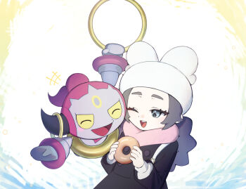 +++ 1girl ;d ansha_(pokemon) black_coat coat commentary donut eyelashes food gen_6_pokemon hands_up happy hat highres holding holding_donut holding_food hoopa hoopa_(confined) legendary_pokemon long_hair long_sleeves mythical_pokemon nintendo one_eye_closed open_mouth pink_scarf pokemon pokemon_(creature) pokemon_legends:_z-a scarf smile teeth tongue trisia_3 upper_teeth_only white_hat