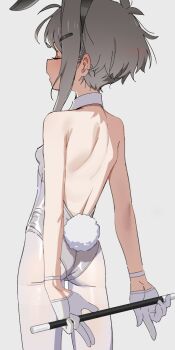 1girl animal_ears ass backless_leotard bare_back bare_shoulders breasts character_request closed_eyes copyright_request fake_animal_ears fake_tail from_behind grey_background grey_hair holding leotard loli pantyhose playboy_bunny rabbit_ears rabbit_tail seicoh simple_background small_breasts solo tail white_leotard white_pantyhose
