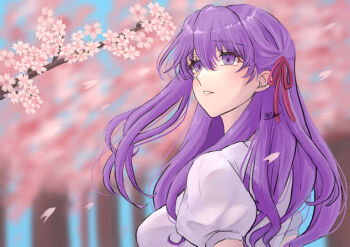 1girl arms_behind_back breasts cherry_blossoms commentary_request fate/stay_night fate_(series) hair_between_eyes hair_ribbon highres large_breasts long_hair looking_to_the_side matou_sakura parted_lips pink_lips pink_ribbon princess666 purple_eyes purple_hair ribbon shirt short_sleeves signature solo upper_body white_shirt