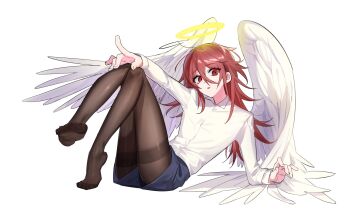 1boy angel angel_devil_(chainsaw_man) angel_wings black_pantyhose blue_shorts chainsaw_man commentary downturned_eyes elbow_rest expressionless feet full_body glowing glowing_halo hair_between_eyes halo hand_on_own_knee highres hpop_3 index_finger_raised invisible_floor knees_together_feet_apart knees_up leaning_back long_hair long_hair_between_eyes long_sleeves looking_at_viewer male_focus no_shoes on_floor pantyhose parted_lips red_eyes red_hair shirt short_shorts shorts sidelocks simple_background sitting solo symbol-only_commentary thighband_pantyhose tiptoes trap white_background white_shirt white_wings wing_collar wings yellow_halo