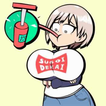 1girl @_@ animated animated_gif arms_under_breasts artist_request breast_expansion breasts crossed_arms huge_breasts inflation lowres pump short_hair simple_background solo standing sugoi_dekai uzaki-chan_wa_asobitai! uzaki_hana yellow_background