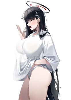 1girl absurdres black_hair black_halo blue_archive blush breasts commentary_request fingernails from_side halo hand_up highres lancheu large_breasts long_hair multicolored_halo open_mouth red_eyes red_halo rio_(blue_archive) shirt simple_background solo two-tone_halo underwear very_long_hair white_background white_shirt