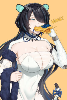 1girl absurdres animal_ears black_hair blue_eyes blue_hair blue_nails blue_ribbon breasts cleavage dress erina_makina fur-trimmed_sleeves fur_trim hair_over_one_eye highres long_hair mchiefy mechanical_arms multicolored_hair phase_connect ribbon see-through_clothes see-through_sleeves single_mechanical_arm single_sleeve solo streaked_hair tail tail_ornament tail_ribbon tiger_ears tiger_girl tiger_tail virtual_youtuber white_dress yellow_background